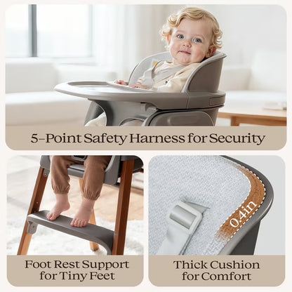Family Baby Feeding Chair Foldable Convertible High Chair with Harness, Easy Clean Metal Frame, Removable Tray Gray
