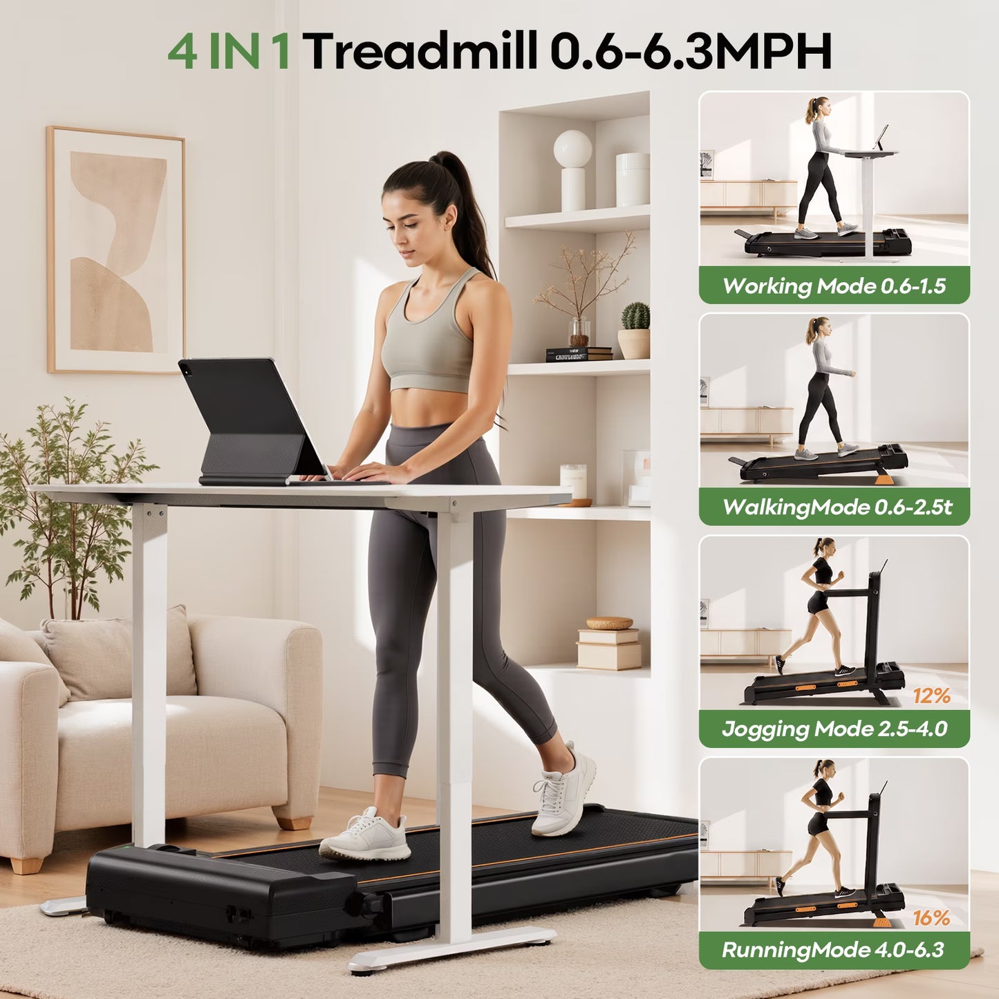 16% Incline Walking Pad Treadmill, 4-in-1 Foldable Under Desk Treadmill with Handles, 2.5 HP Quiet Motor, 330 lb Capacity