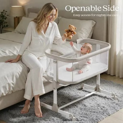 Baby Bassinets with Wheels & High-Density Cotton Fiber Mattress Height Adjustable Baby Crib for Infants, Beige