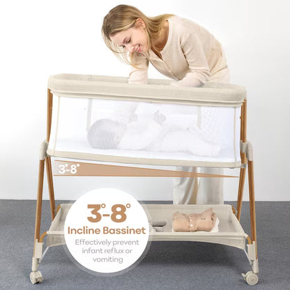 3-in-1 Baby Bassinets Bedside Sleeper Height Adjustable Baby Crib for Infants with Wheels,Storage Tray, Full-Mesh Sides Beige